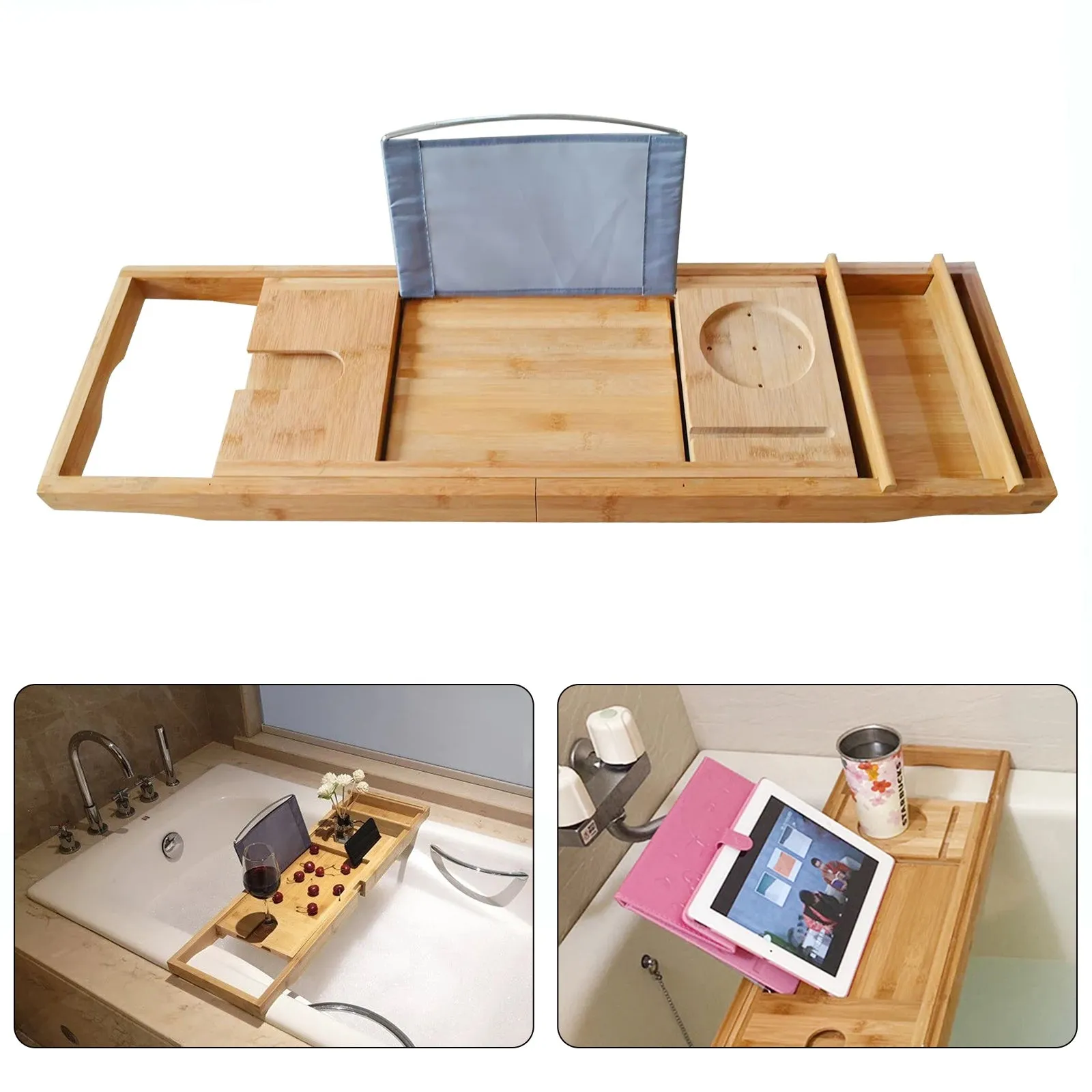 Bamboo Multifunctional Bathroom Tub Holder Retractable Non-slip Bathtub Shelf Holds Book, Wine, Phone, Pad