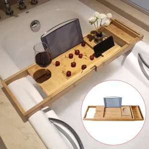 Bamboo Multifunctional Bathroom Tub Holder Retractable Non-slip Bathtub Shelf Holds Book, Wine, Phone, Pad