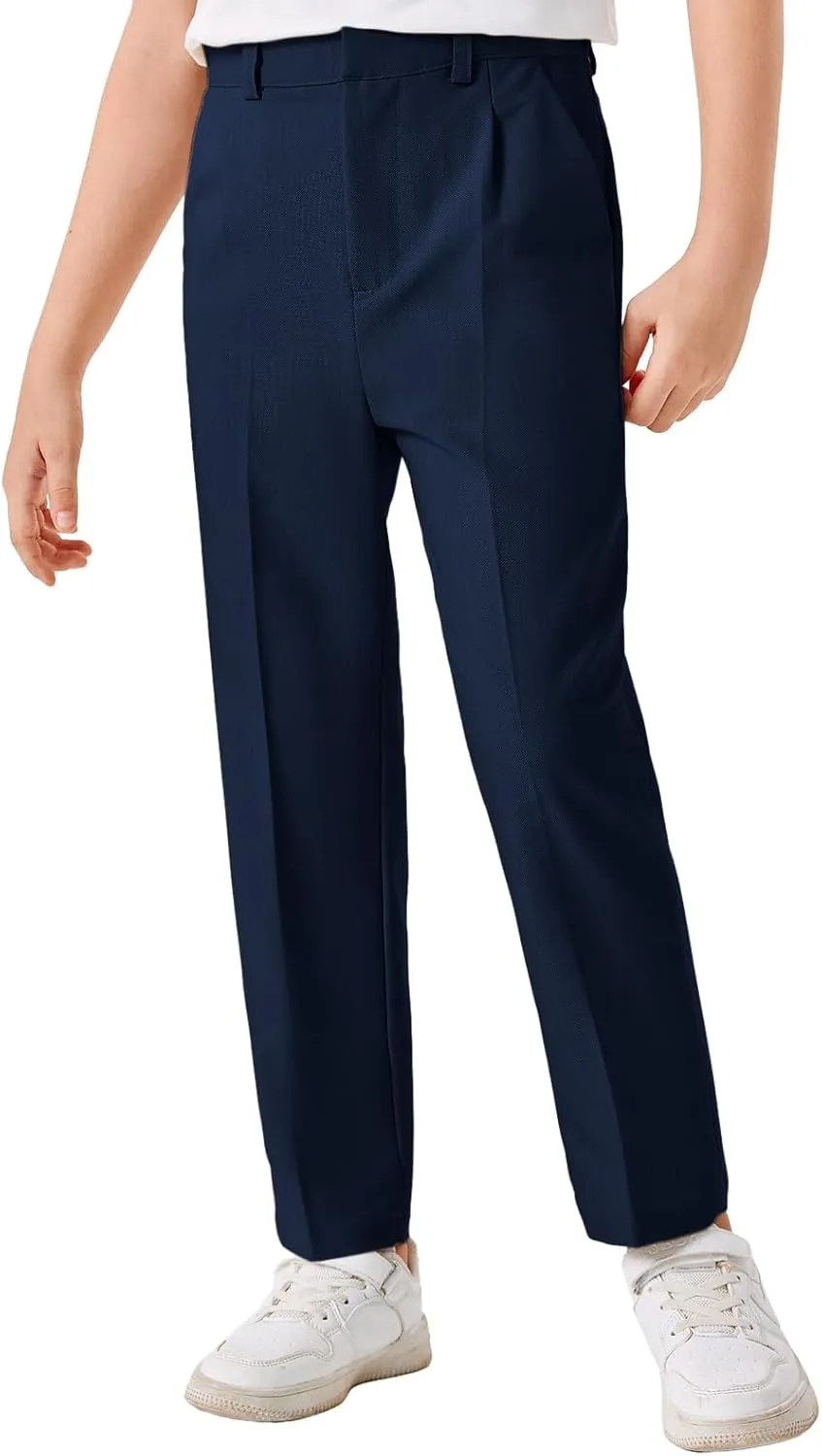 Batermoon Boys Elastic Waist Dress Pants Kids Slim Fit Straight Suit Pants Uniform Trousers with Pockets