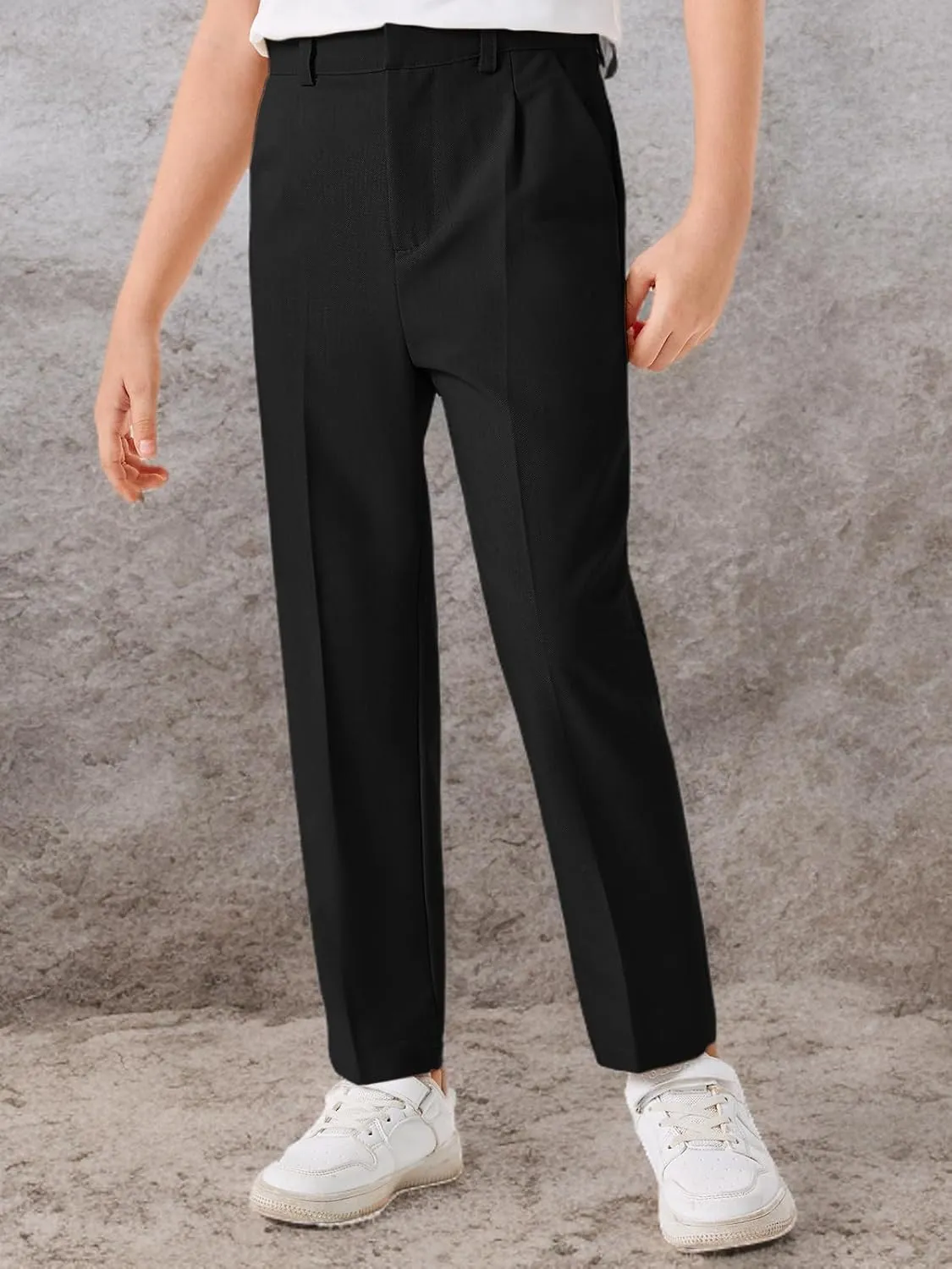 Batermoon Boys Elastic Waist Dress Pants Kids Slim Fit Straight Suit Pants Uniform Trousers with Pockets