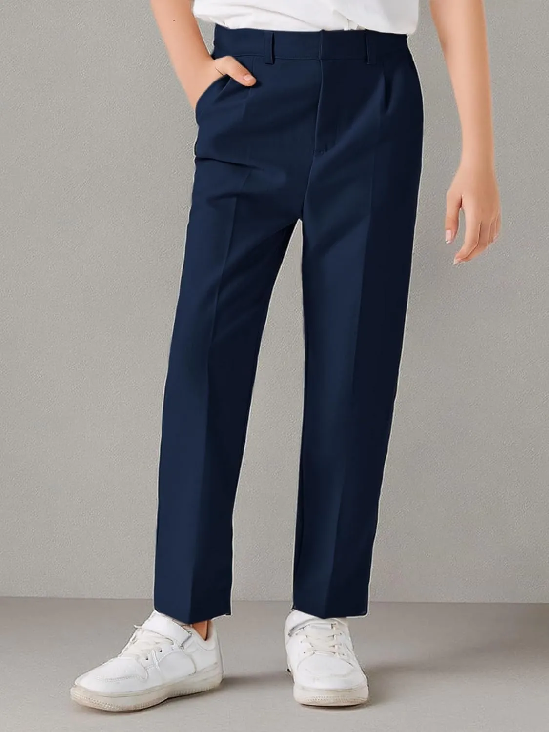 Batermoon Boys Elastic Waist Dress Pants Kids Slim Fit Straight Suit Pants Uniform Trousers with Pockets
