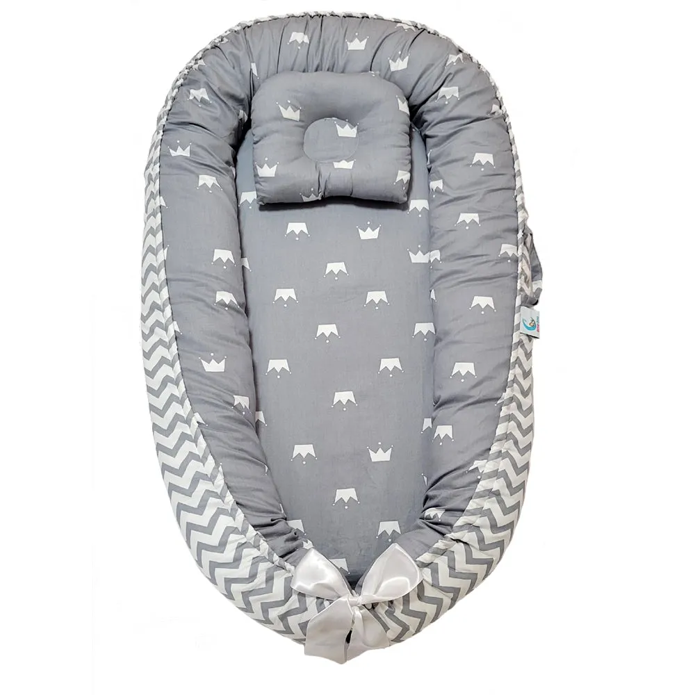 Bitsy-Boo Newborn Bed Nest Baby Lounger Grey Crowns
