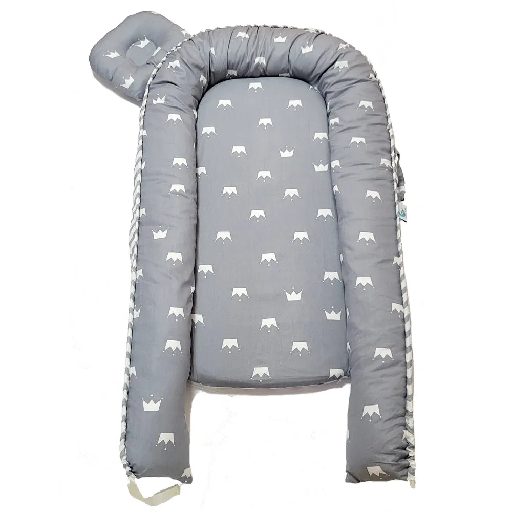 Bitsy-Boo Newborn Bed Nest Baby Lounger Grey Crowns
