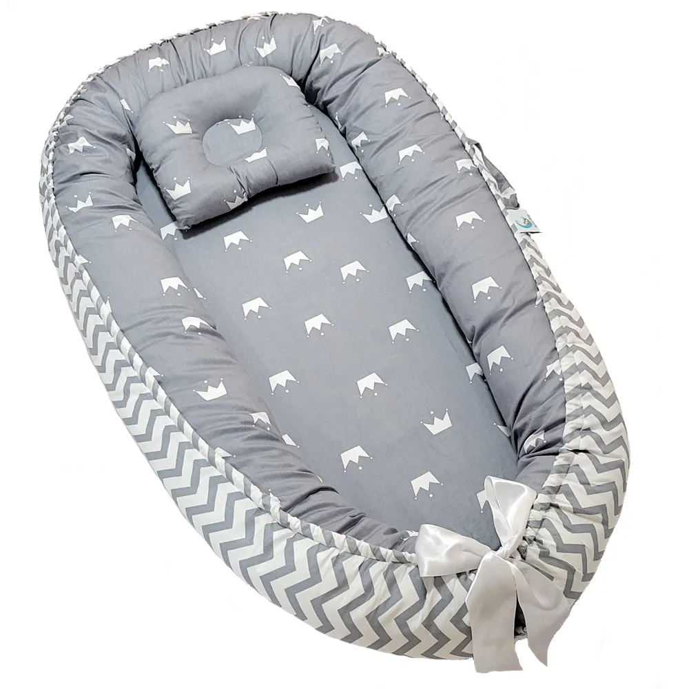 Bitsy-Boo Newborn Bed Nest Baby Lounger Grey Crowns