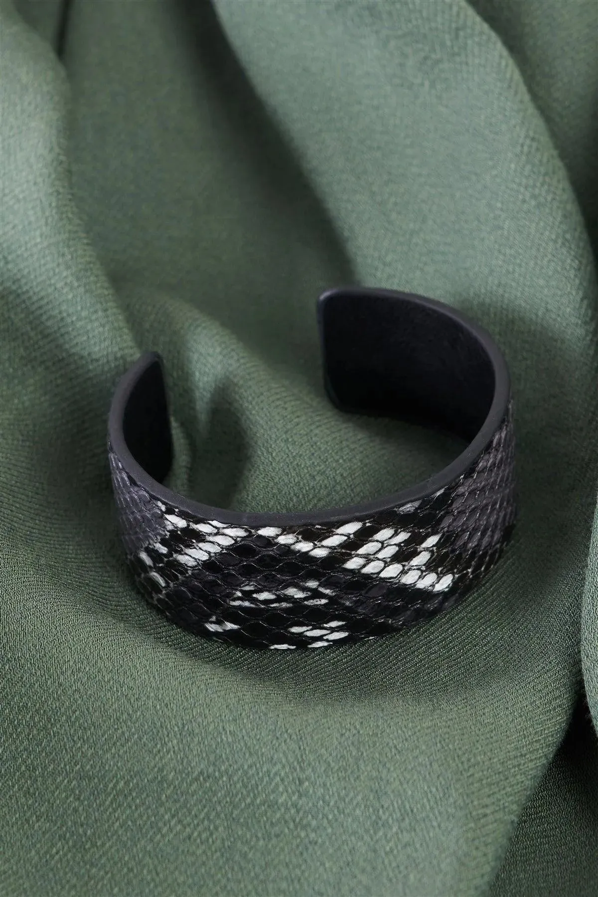 Black White Vegan Snakeskin Open Wide Cuff Bracelet
