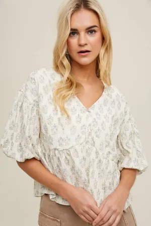 Blue Floral Puff Sleeve Babydoll Top