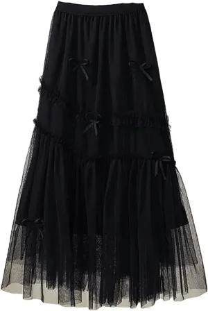 Bow Mesh Skirt Women Spring Summer High Waisted A-Line Medium Long Pleated Slimming Veil Skirts