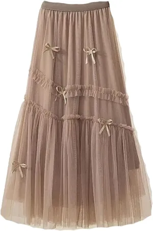 Bow Mesh Skirt Women Spring Summer High Waisted A-Line Medium Long Pleated Slimming Veil Skirts