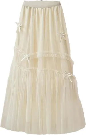 Bow Mesh Skirt Women Spring Summer High Waisted A-Line Medium Long Pleated Slimming Veil Skirts