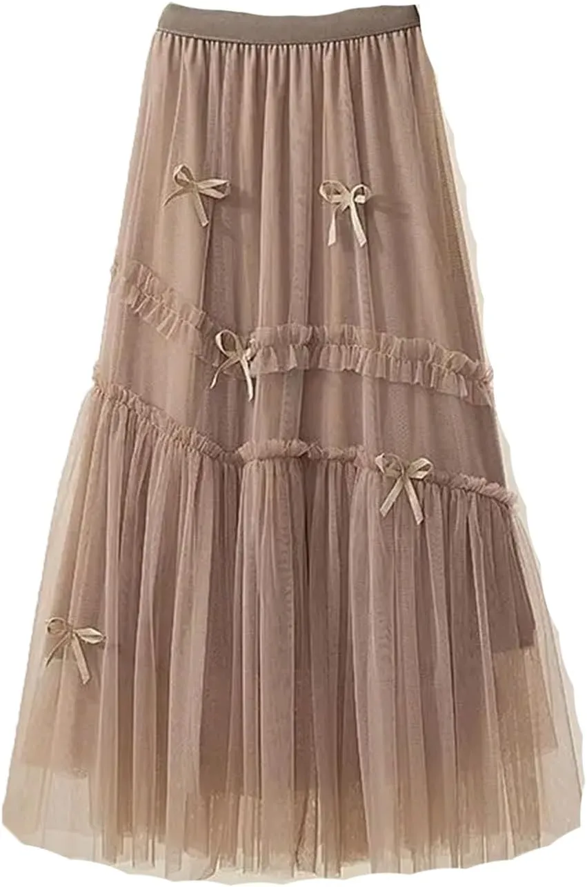 Bow Mesh Skirt Women Spring Summer High Waisted A-Line Medium Long Pleated Slimming Veil Skirts