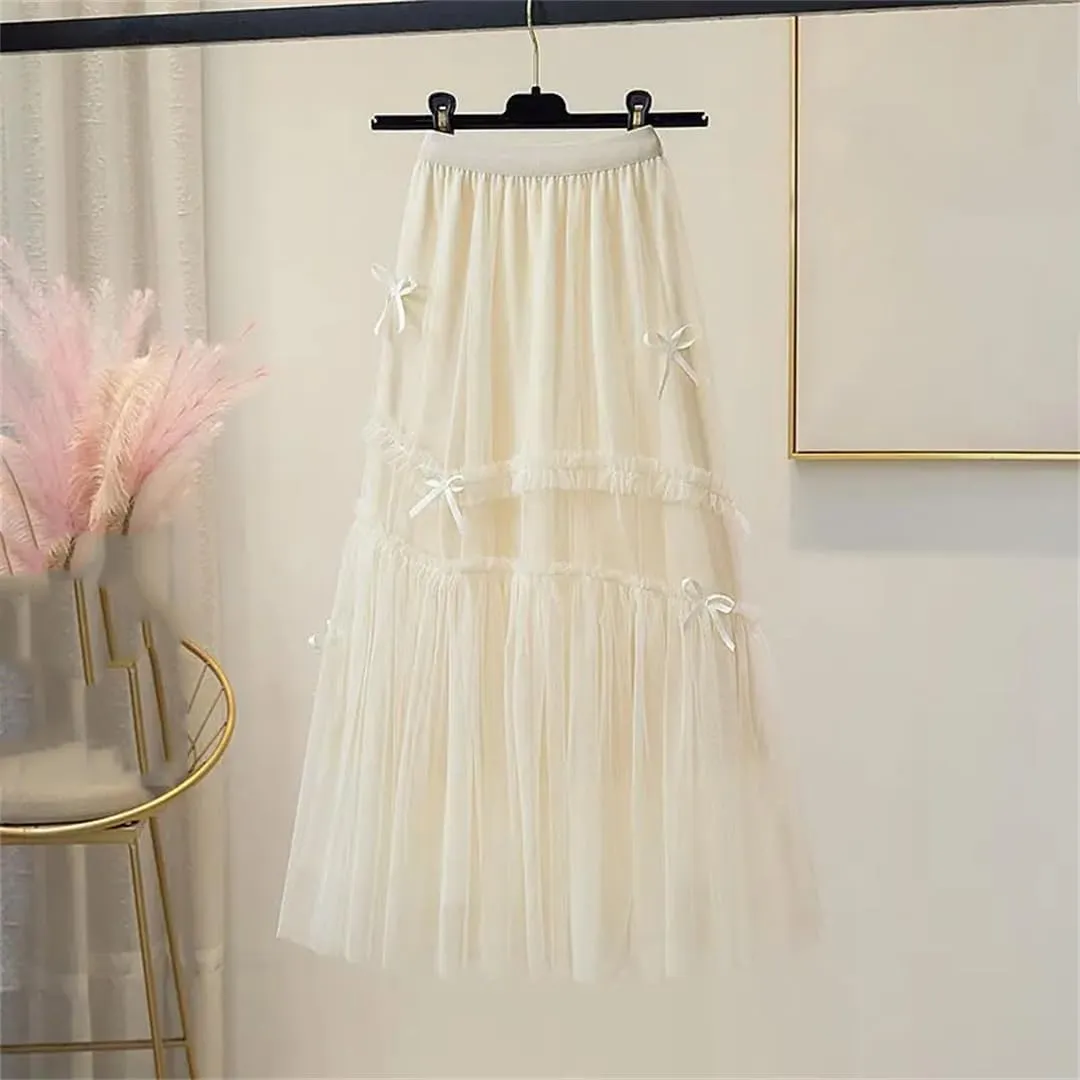 Bow Mesh Skirt Women Spring Summer High Waisted A-Line Medium Long Pleated Slimming Veil Skirts