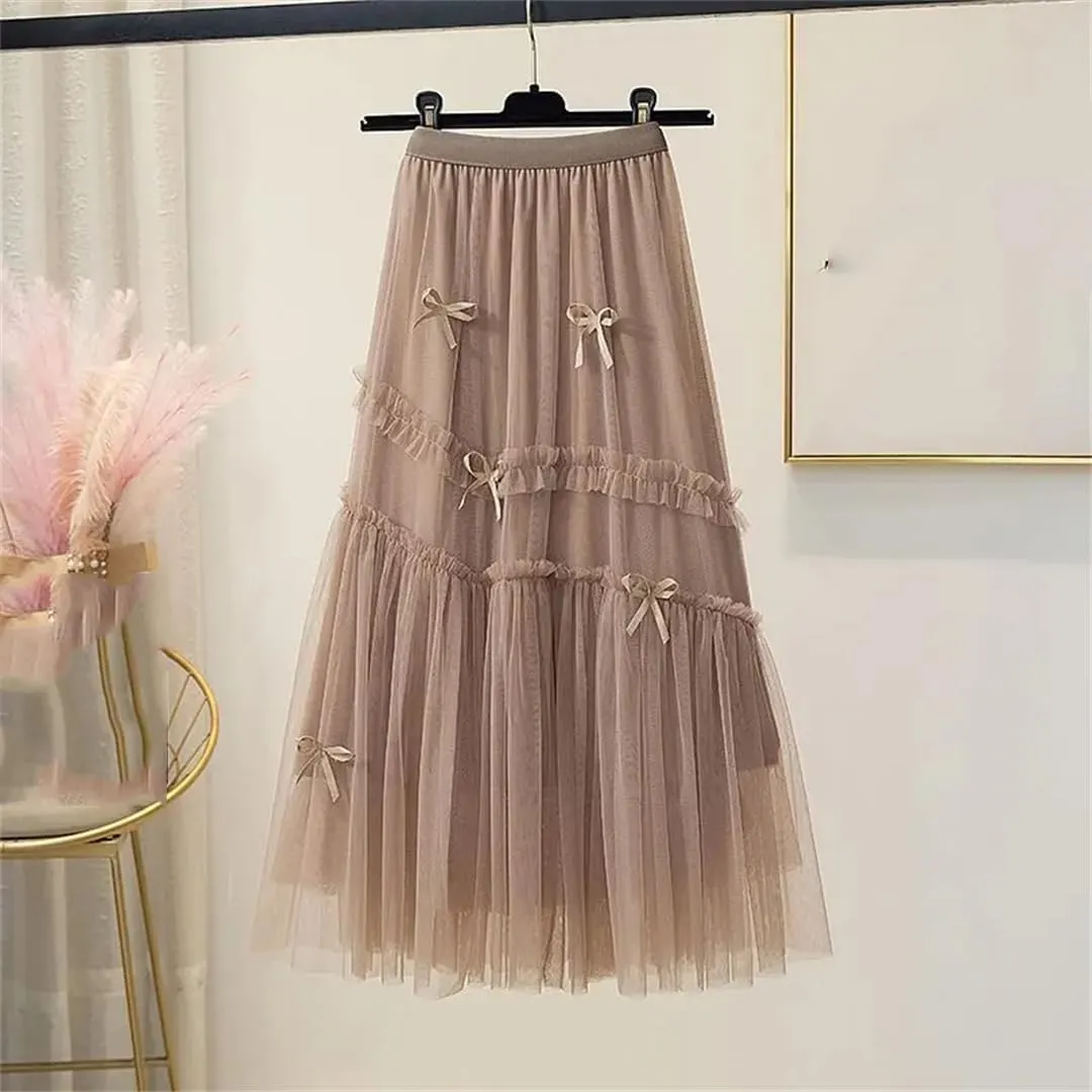 Bow Mesh Skirt Women Spring Summer High Waisted A-Line Medium Long Pleated Slimming Veil Skirts