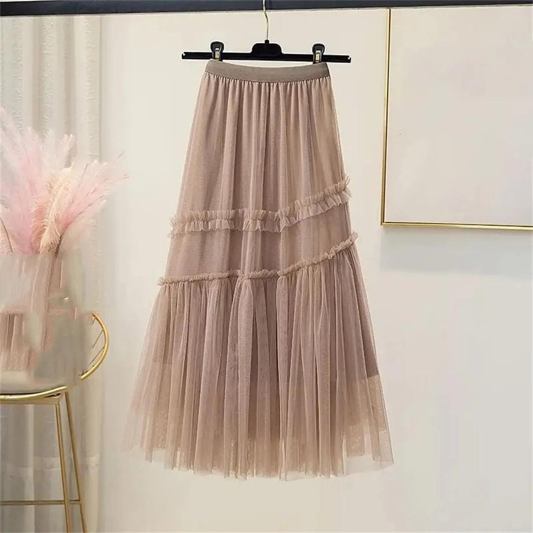 Bow Mesh Skirt Women Spring Summer High Waisted A-Line Medium Long Pleated Slimming Veil Skirts