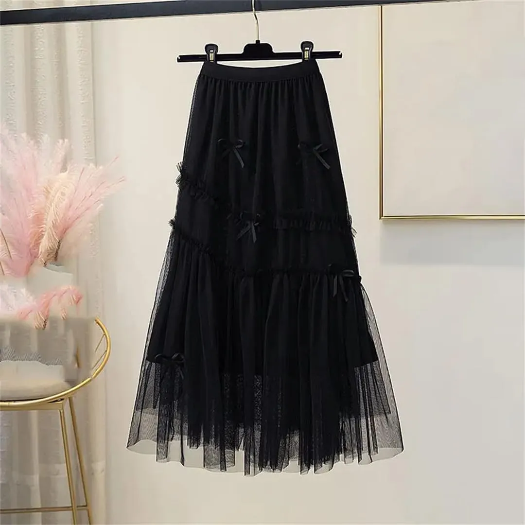 Bow Mesh Skirt Women Spring Summer High Waisted A-Line Medium Long Pleated Slimming Veil Skirts