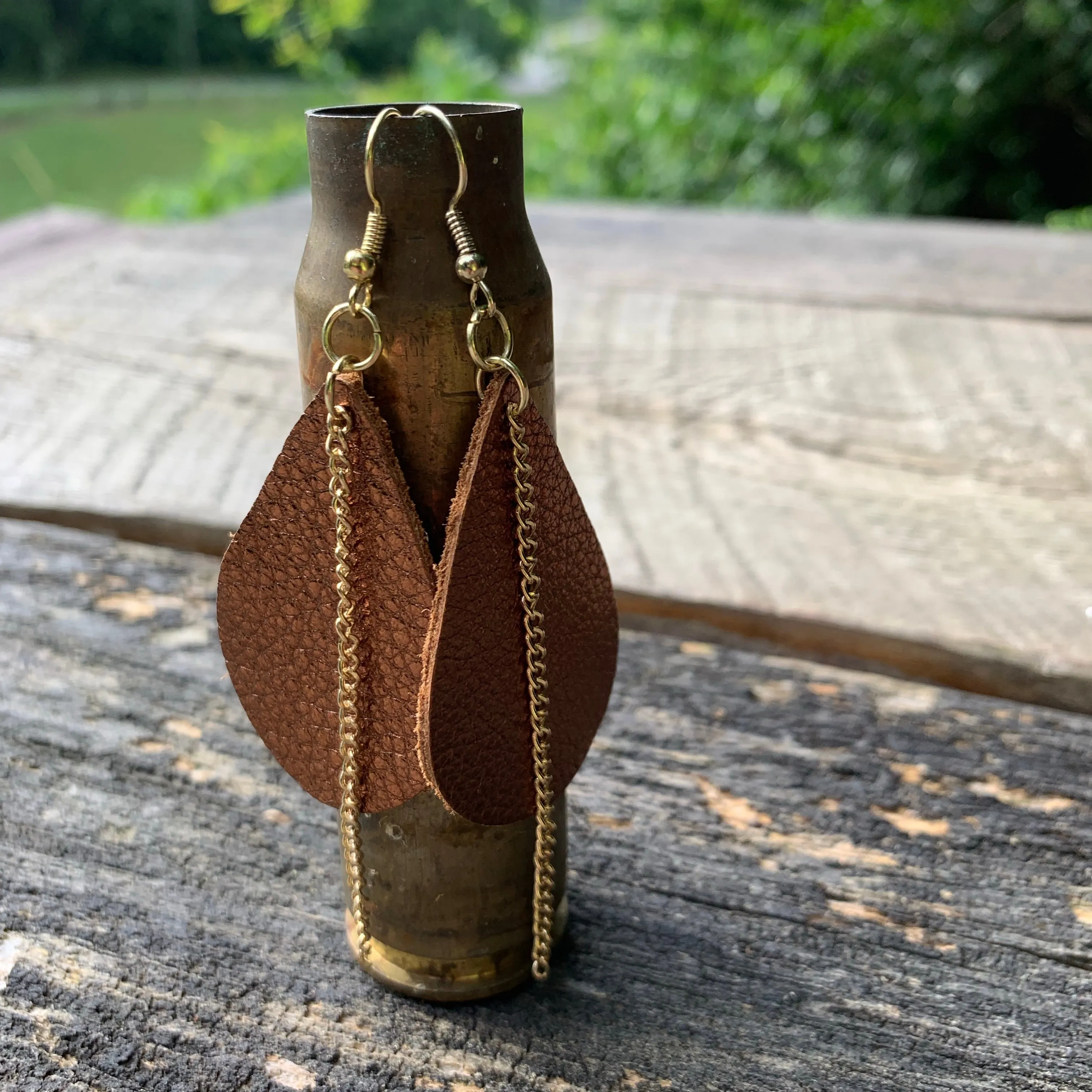 Bronze Metallic Leather Teardrop Earrings with Gold Chain Accent