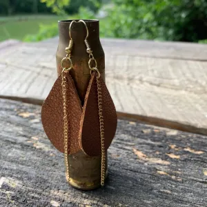 Bronze Metallic Leather Teardrop Earrings with Gold Chain Accent