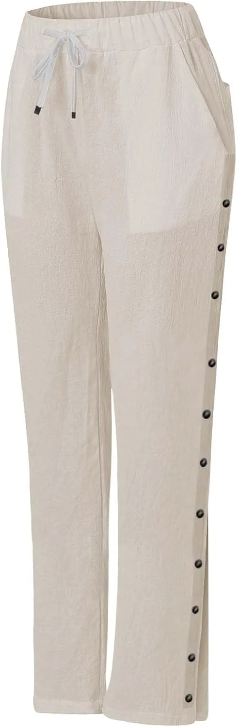 Capris Pants for Women Cotton Linen Summer Casual Cropped Pant Button Drawstring Beach Travel Trousers with Pocket