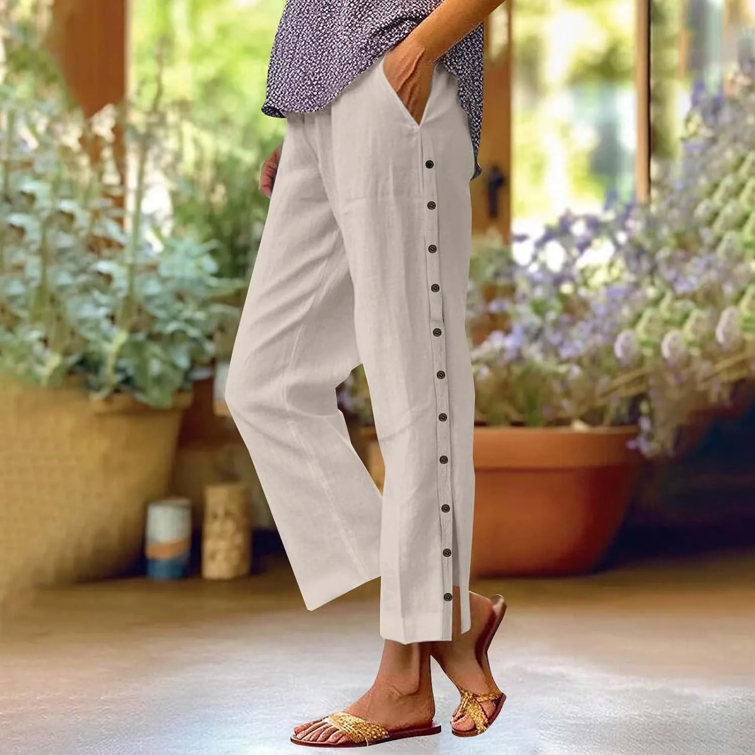 Capris Pants for Women Cotton Linen Summer Casual Cropped Pant Button Drawstring Beach Travel Trousers with Pocket