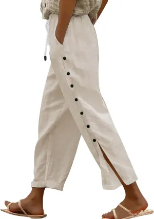 Capris Pants for Women Cotton Linen Summer Casual Cropped Pant Button Drawstring Beach Travel Trousers with Pocket