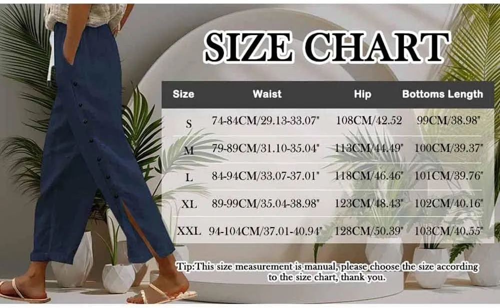 Capris Pants for Women Cotton Linen Summer Casual Cropped Pant Button Drawstring Beach Travel Trousers with Pocket