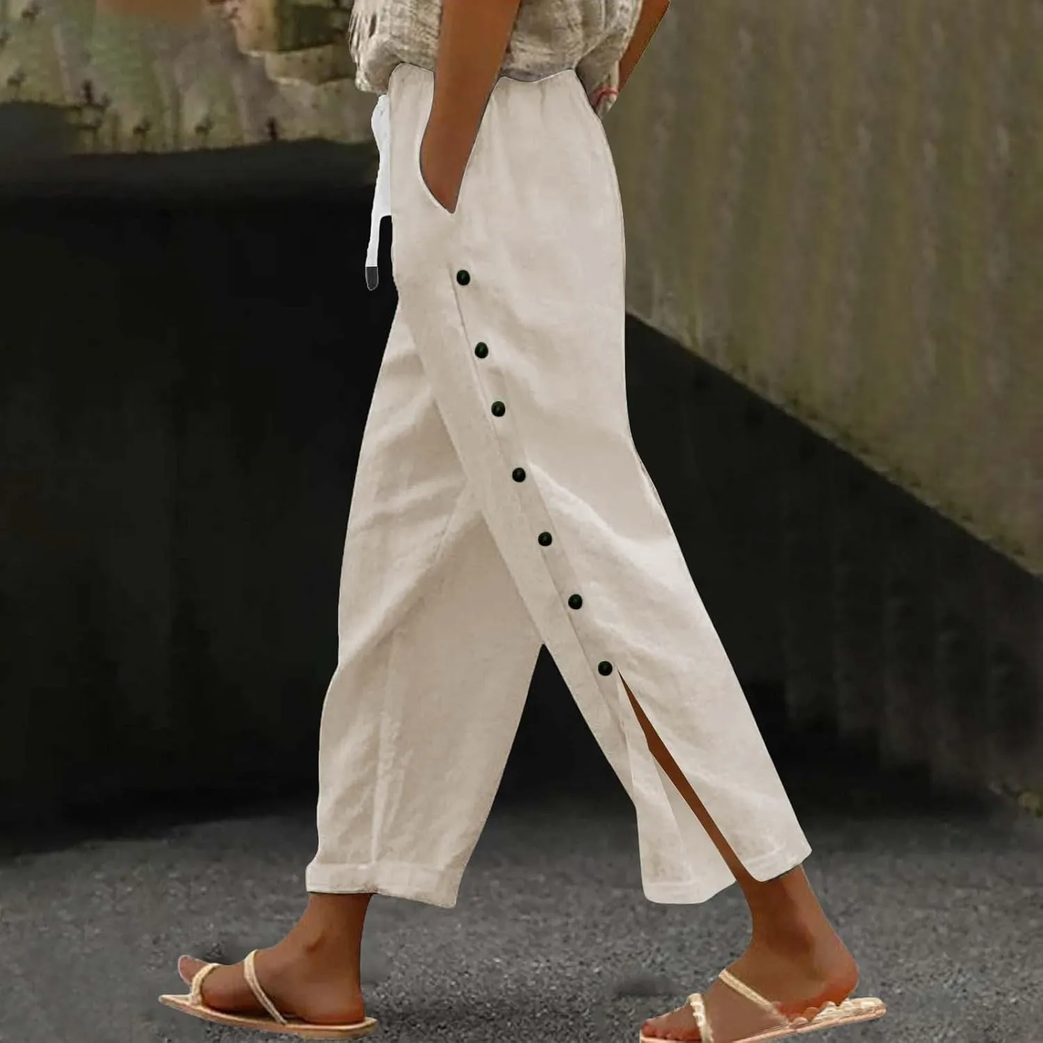 Capris Pants for Women Cotton Linen Summer Casual Cropped Pant Button Drawstring Beach Travel Trousers with Pocket