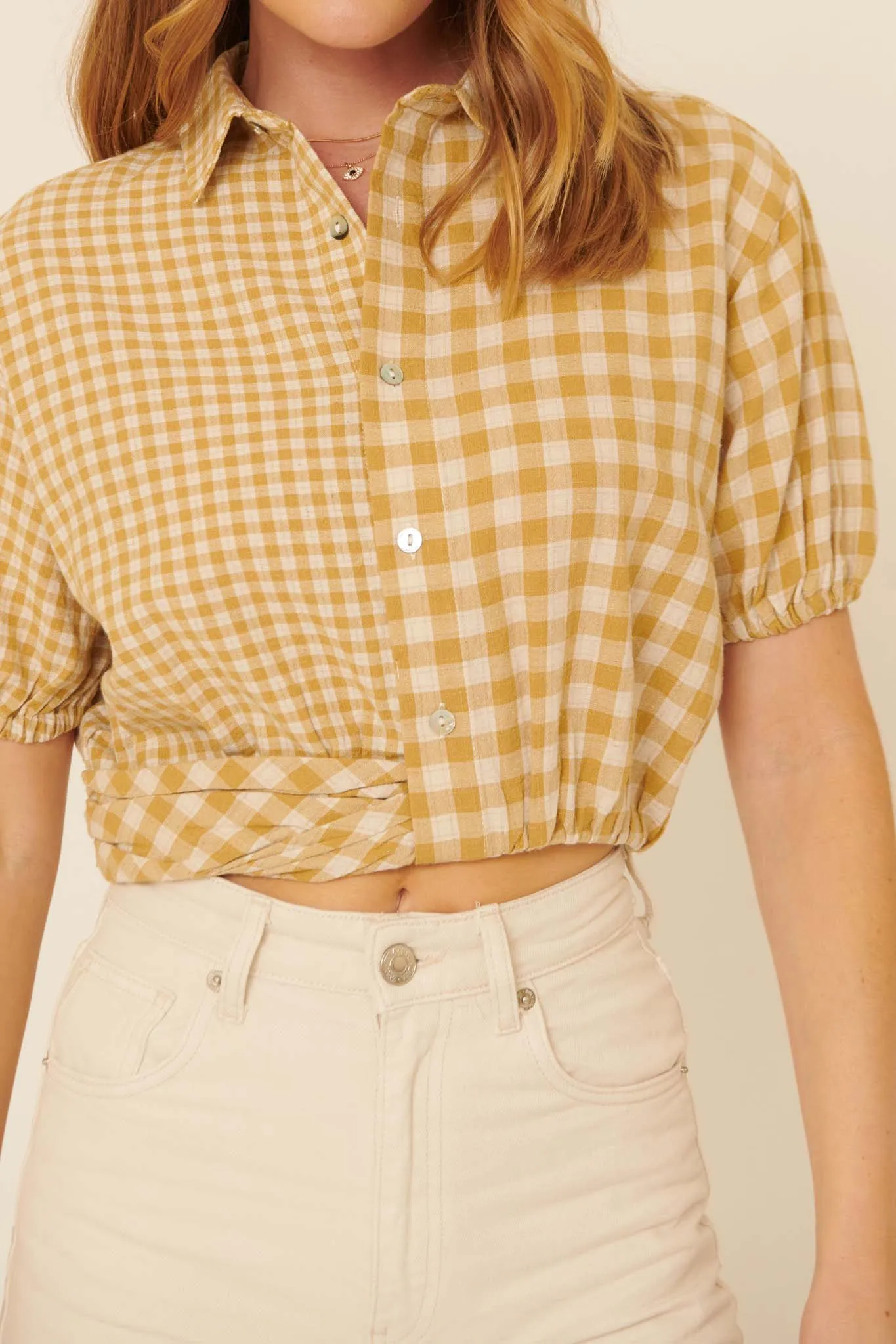 Carefree Heart Cropped Button-Up Gingham Shirt