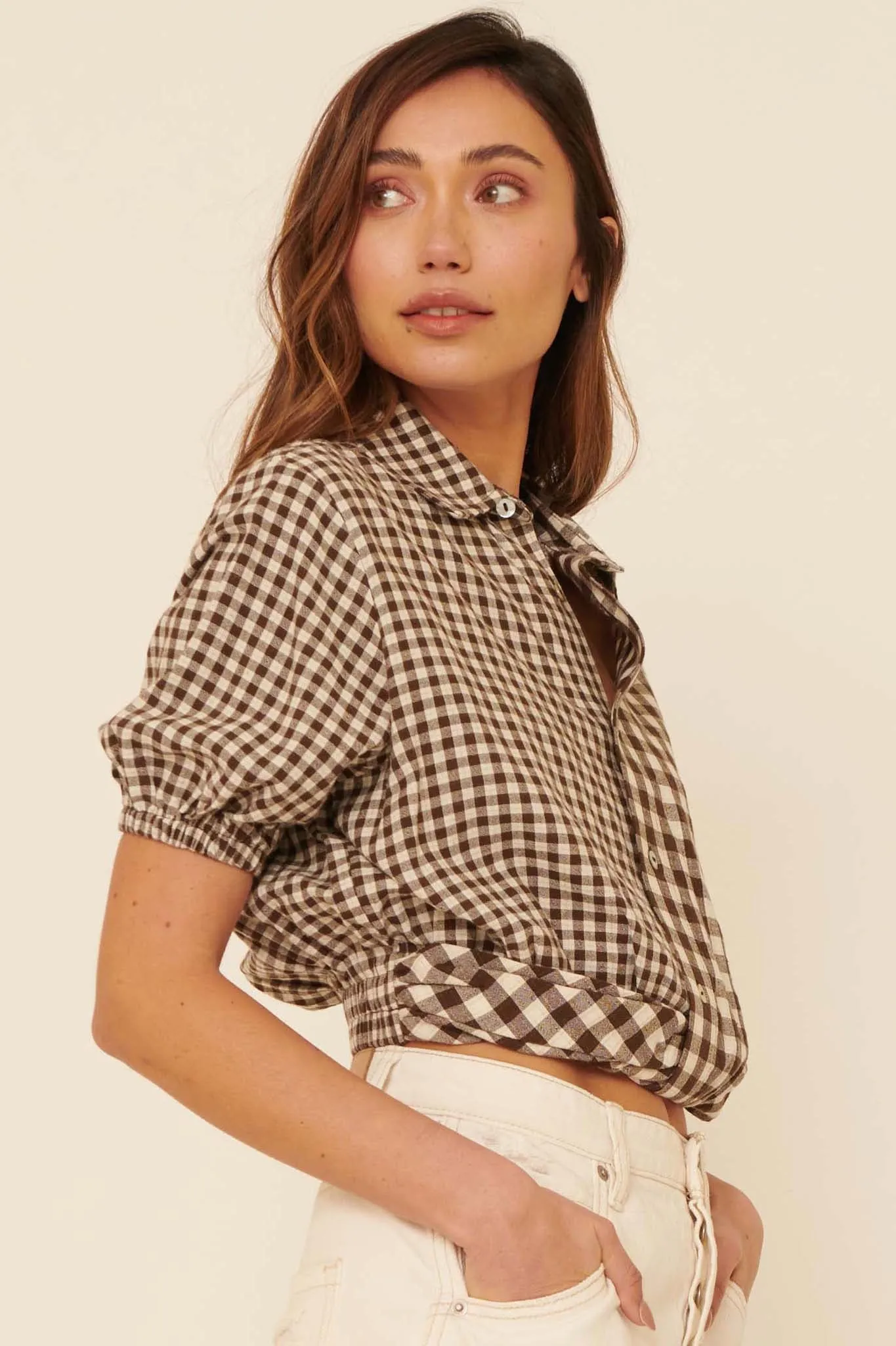 Carefree Heart Cropped Button-Up Gingham Shirt