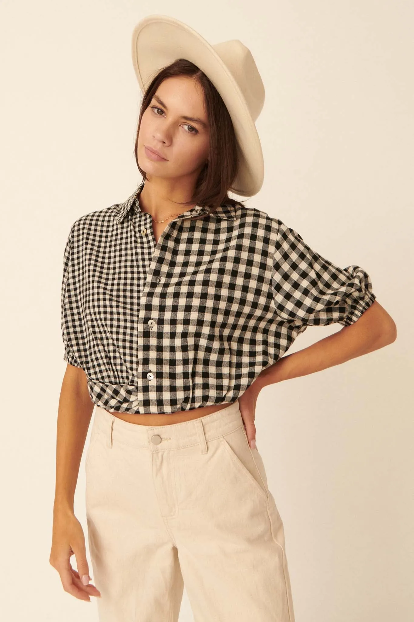 Carefree Heart Cropped Button-Up Gingham Shirt