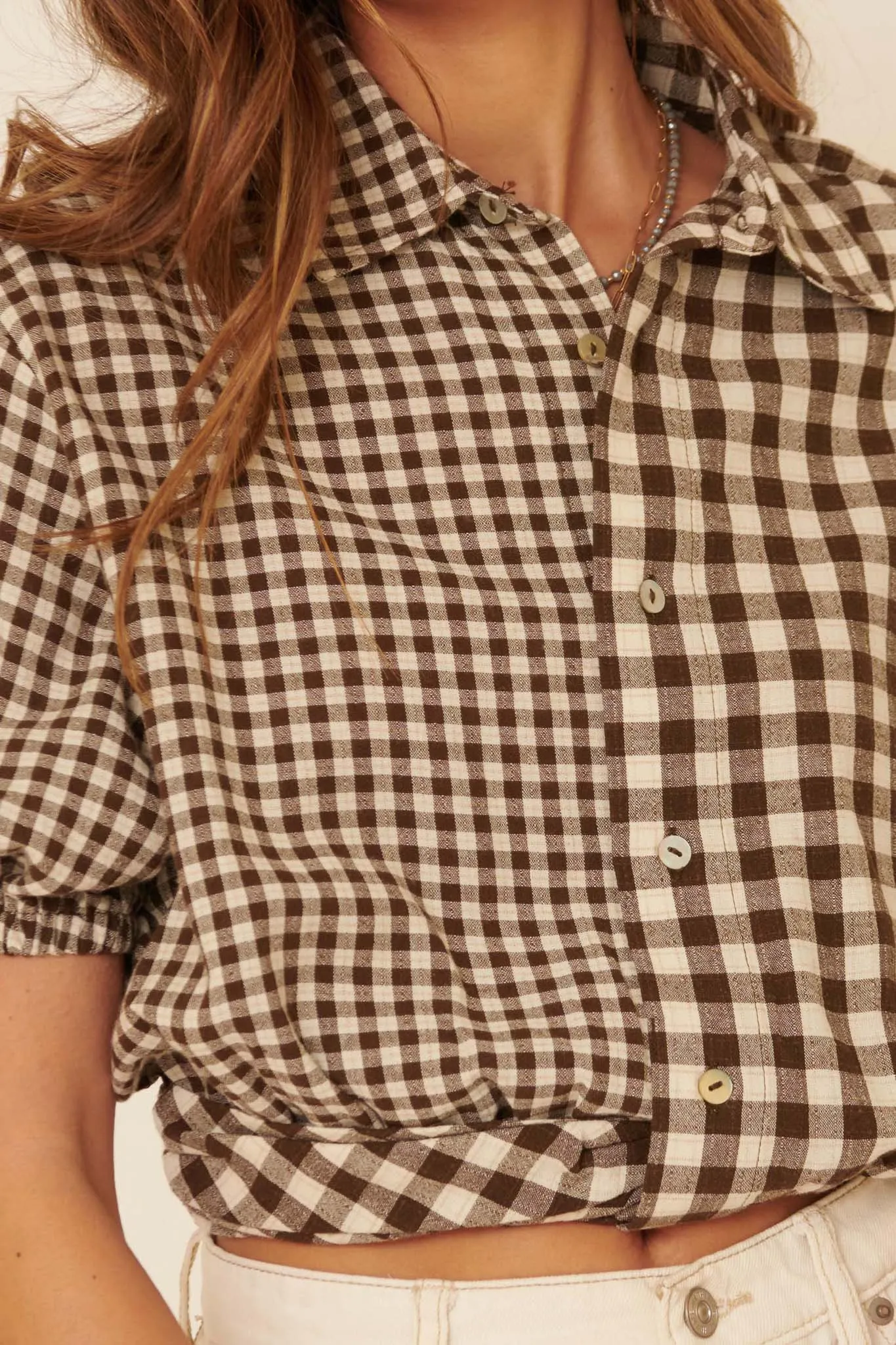 Carefree Heart Cropped Button-Up Gingham Shirt