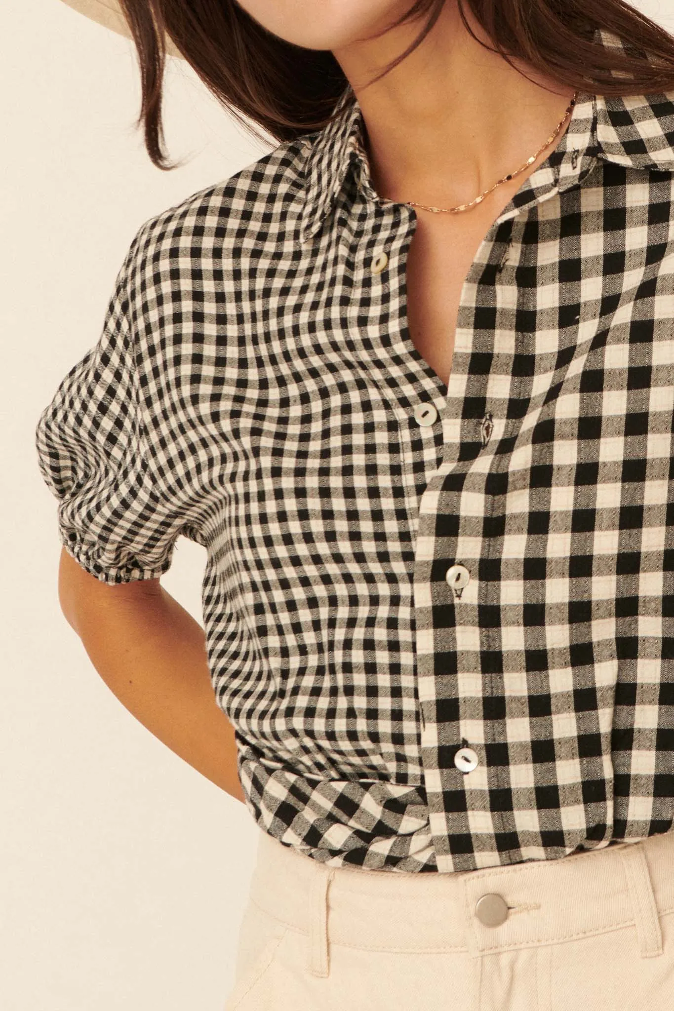Carefree Heart Cropped Button-Up Gingham Shirt