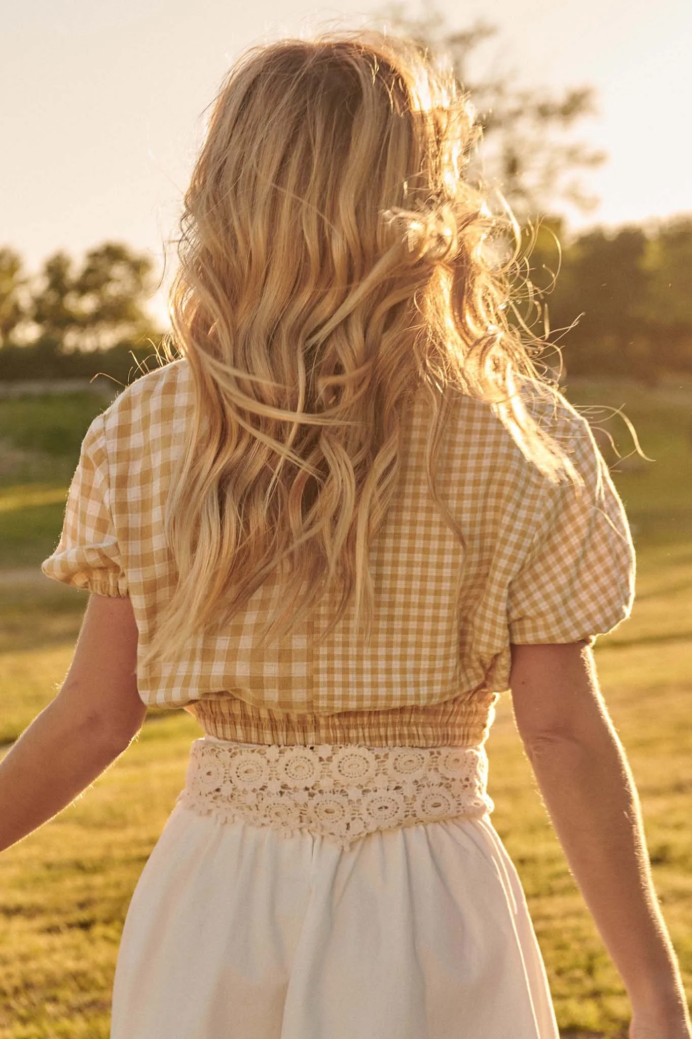 Carefree Heart Cropped Button-Up Gingham Shirt