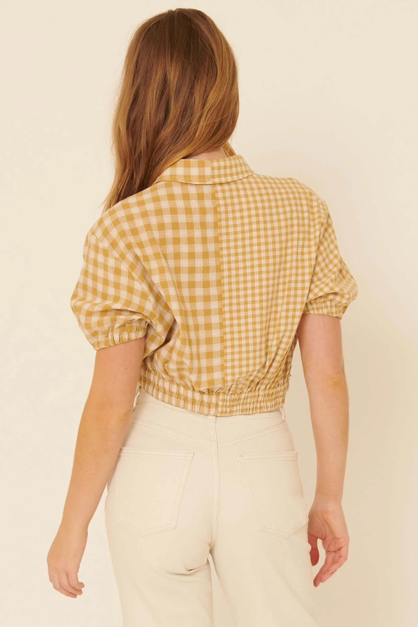 Carefree Heart Cropped Button-Up Gingham Shirt
