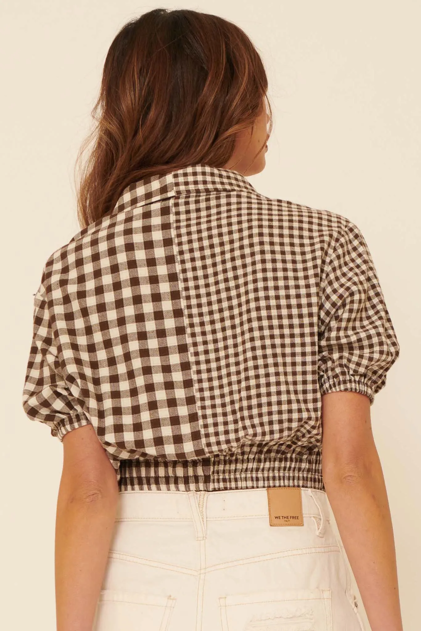 Carefree Heart Cropped Button-Up Gingham Shirt