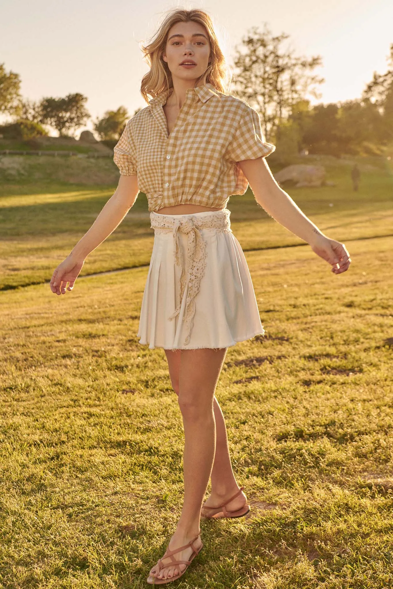 Carefree Heart Cropped Button-Up Gingham Shirt