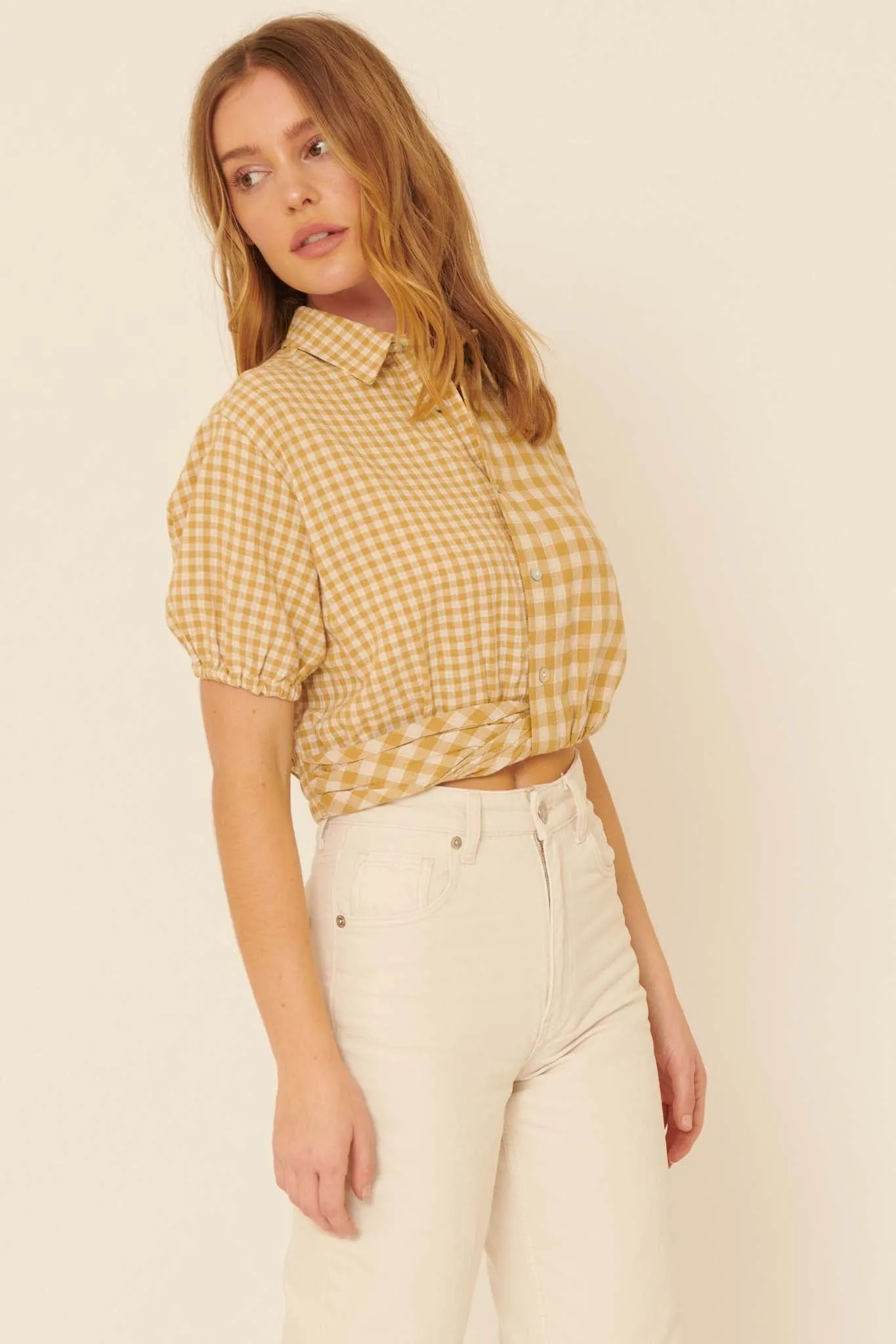 Carefree Heart Cropped Button-Up Gingham Shirt