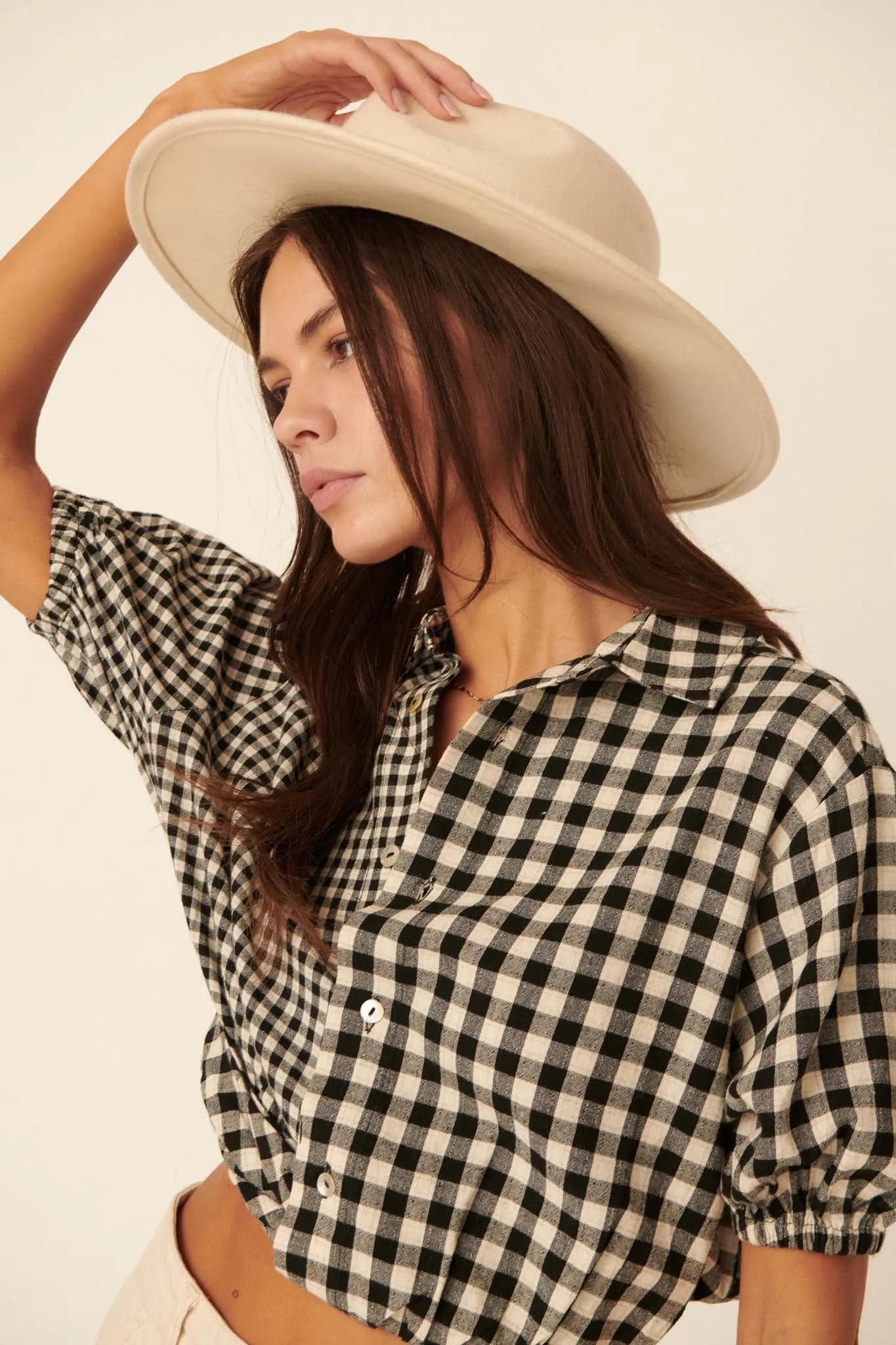 Carefree Heart Cropped Button-Up Gingham Shirt