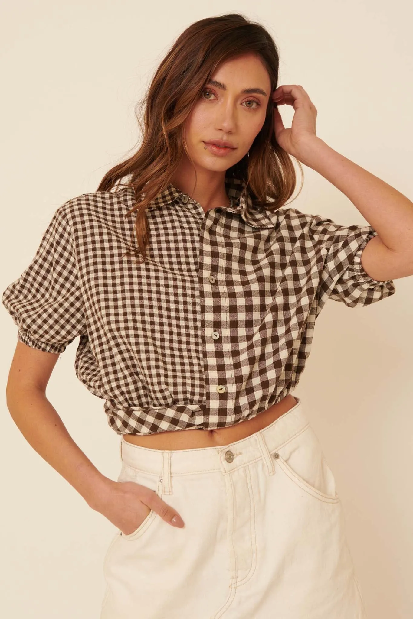 Carefree Heart Cropped Button-Up Gingham Shirt