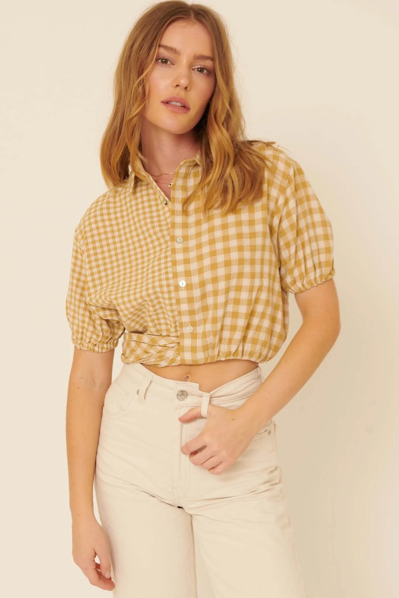 Carefree Heart Cropped Button-Up Gingham Shirt