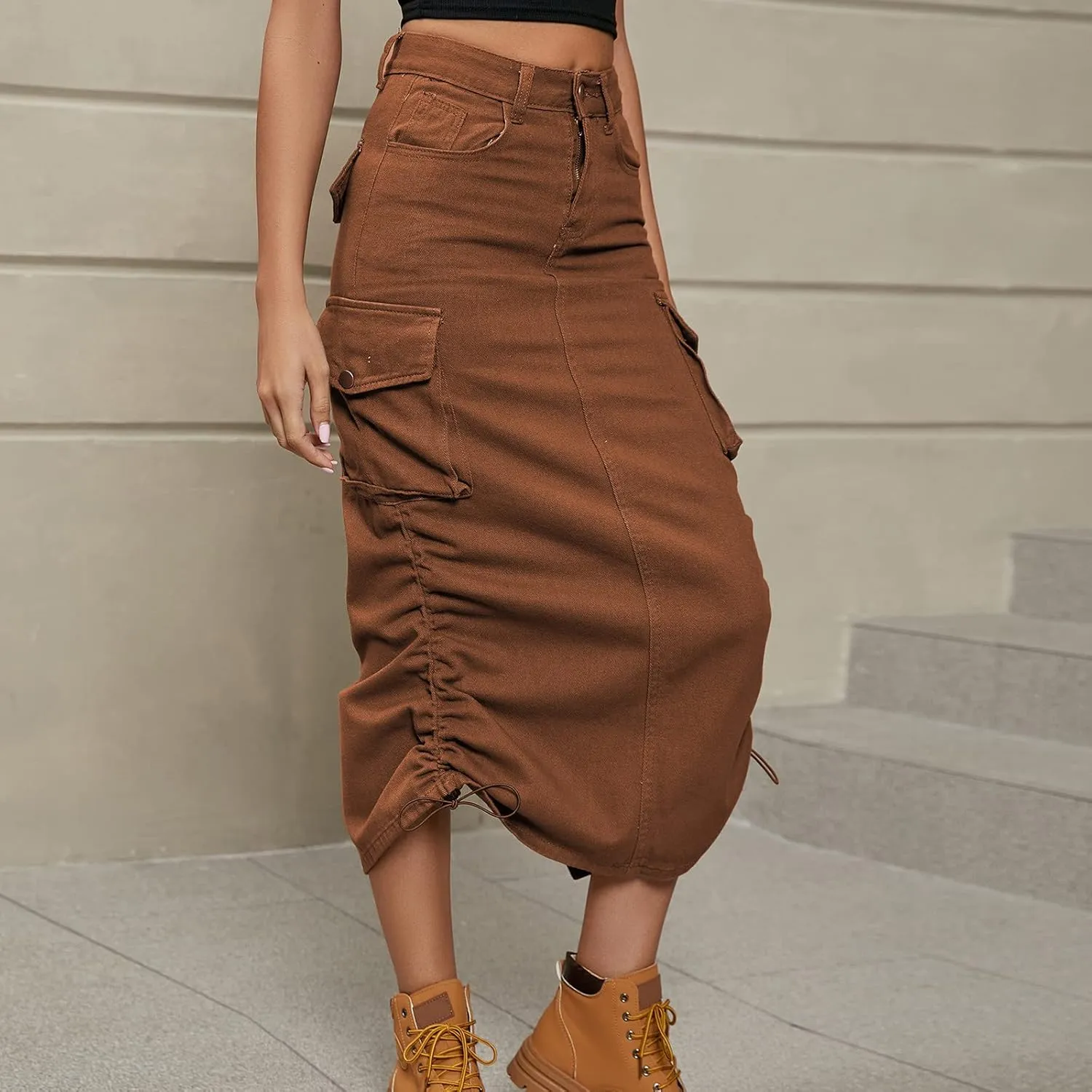 Cargo Skirts for Women Midi Long Denim Jean Skirt Casual Botton High Waist Y2K Cowgirl Pencil Skirt with Pockets