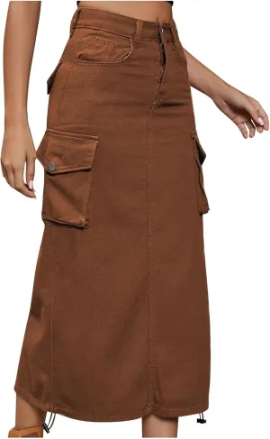 Cargo Skirts for Women Midi Long Denim Jean Skirt Casual Botton High Waist Y2K Cowgirl Pencil Skirt with Pockets