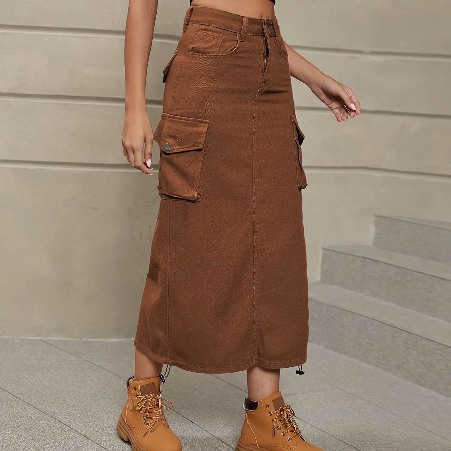 Cargo Skirts for Women Midi Long Denim Jean Skirt Casual Botton High Waist Y2K Cowgirl Pencil Skirt with Pockets