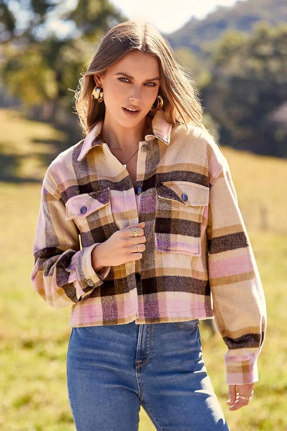 CFLONGE Women's Casual Jacket Coats Button Down Corduroy Cropped Shacket Plaid Long Sleeve Flannels Shirts for Women Jackets