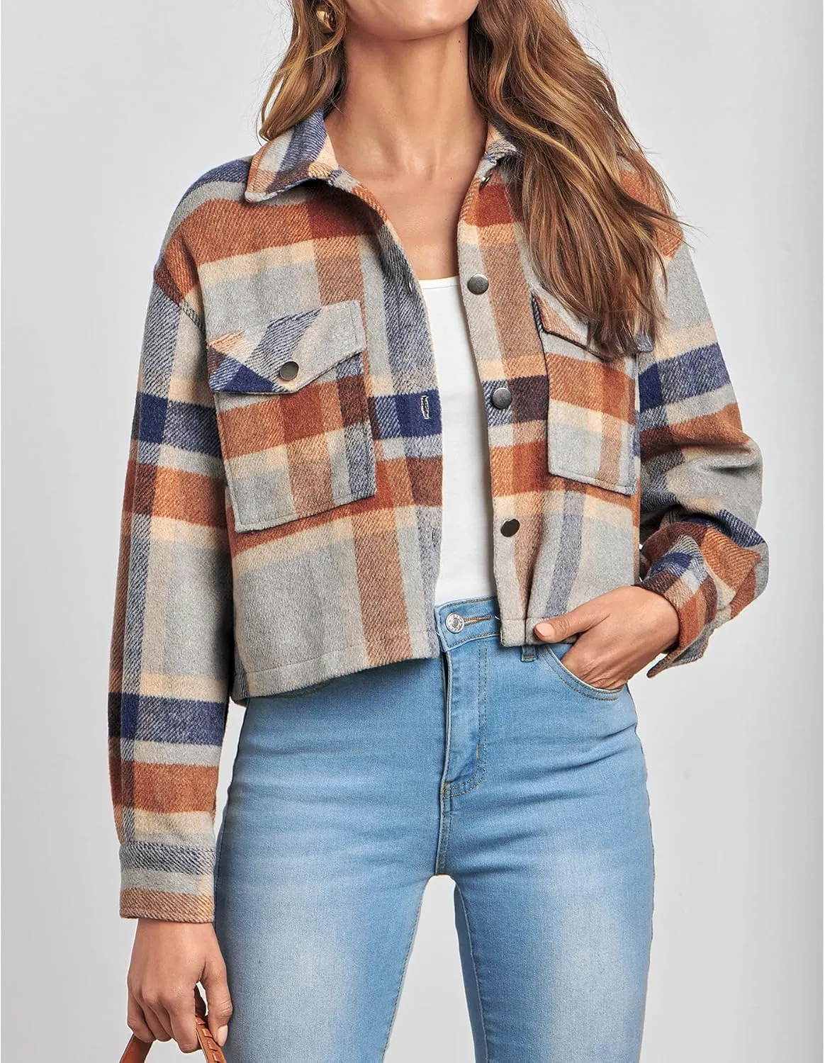 CFLONGE Women's Casual Jacket Coats Button Down Corduroy Cropped Shacket Plaid Long Sleeve Flannels Shirts for Women Jackets