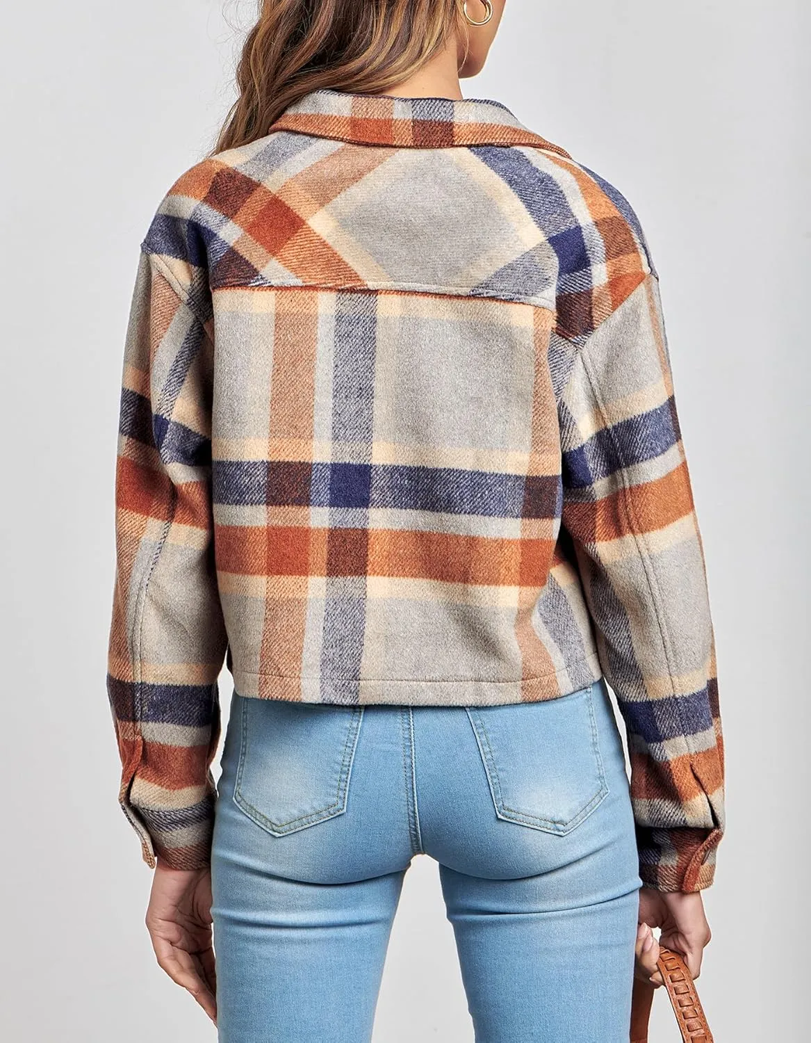 CFLONGE Women's Casual Jacket Coats Button Down Corduroy Cropped Shacket Plaid Long Sleeve Flannels Shirts for Women Jackets