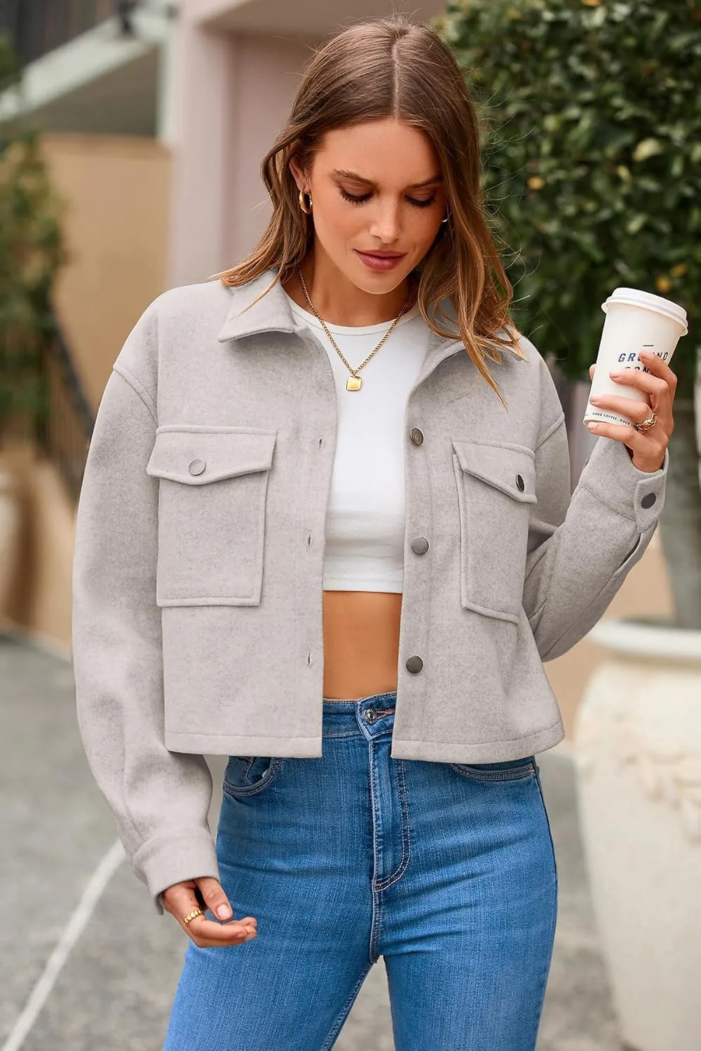 CFLONGE Women's Casual Jacket Coats Button Down Corduroy Cropped Shacket Plaid Long Sleeve Flannels Shirts for Women Jackets