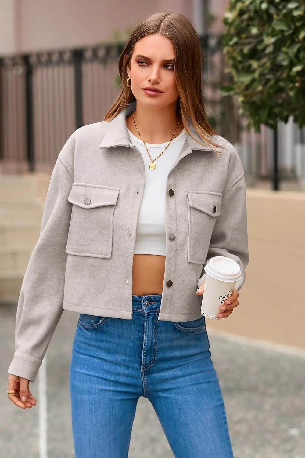CFLONGE Women's Casual Jacket Coats Button Down Corduroy Cropped Shacket Plaid Long Sleeve Flannels Shirts for Women Jackets