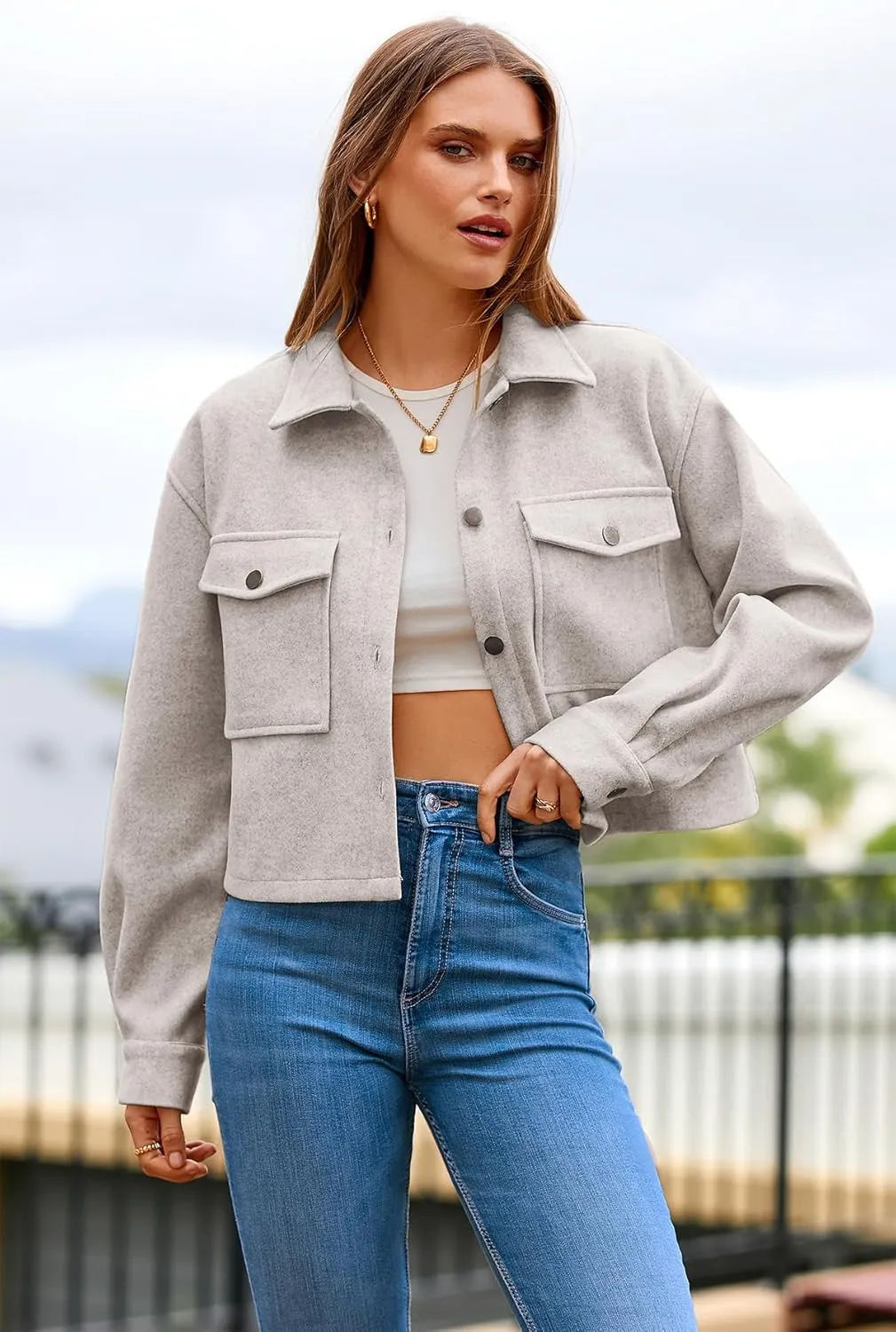 CFLONGE Women's Casual Jacket Coats Button Down Corduroy Cropped Shacket Plaid Long Sleeve Flannels Shirts for Women Jackets