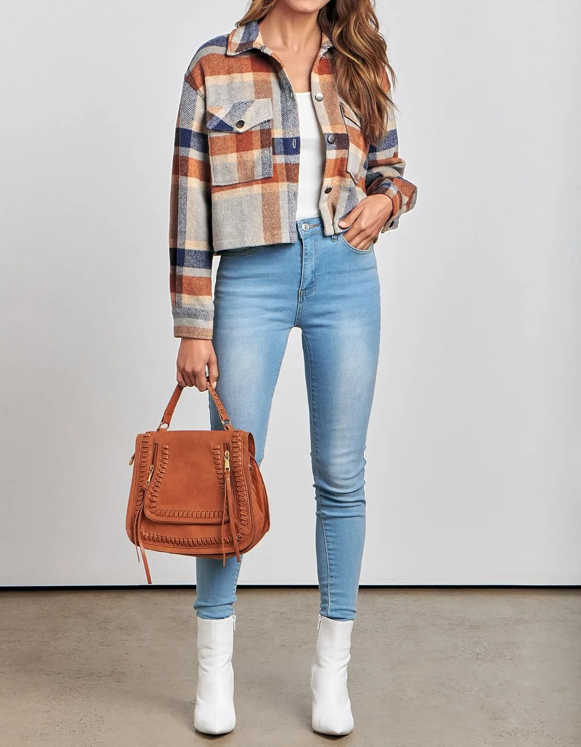 CFLONGE Women's Casual Jacket Coats Button Down Corduroy Cropped Shacket Plaid Long Sleeve Flannels Shirts for Women Jackets