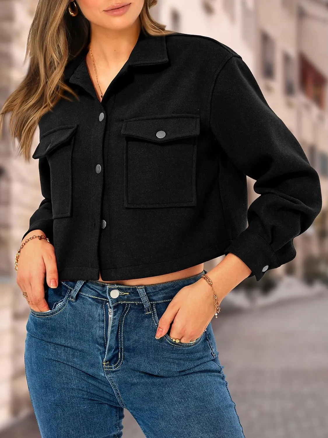 CFLONGE Women's Casual Jacket Coats Button Down Corduroy Cropped Shacket Plaid Long Sleeve Flannels Shirts for Women Jackets