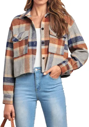 CFLONGE Women's Casual Jacket Coats Button Down Corduroy Cropped Shacket Plaid Long Sleeve Flannels Shirts for Women Jackets